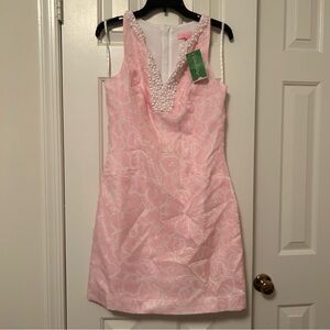 Lilly Pulitzer Airy Shift Dress Beaded Rosy Posie Pink White Stripes $298 NWT
